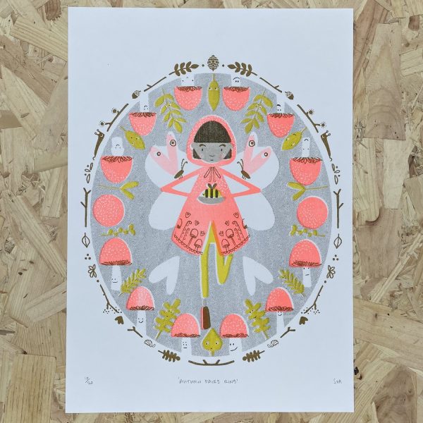 Vibrant Risograph print of a quirky fairy holding a sleeping bee - surrounded by fun fungi.