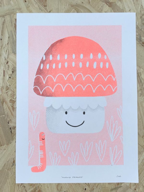 Risograph print of a fun fungi and a friendly worm illustration.