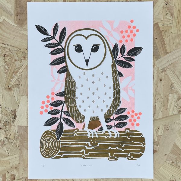 Risograph print of a barn owl sitting on a log, with rowan berries and leaves in the background.