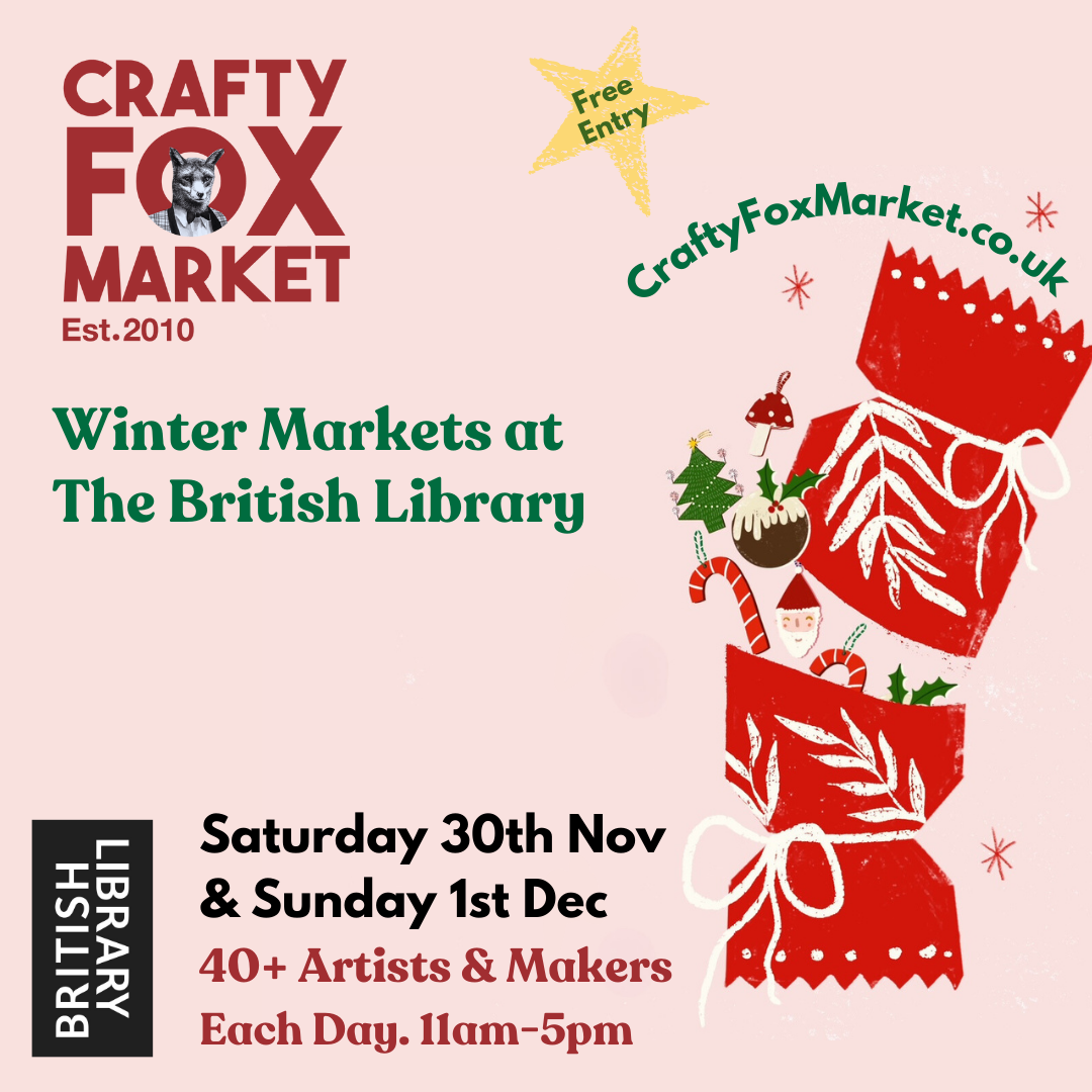 Crafty Fox Market at The British Library - event flyer, with an illustration of a Christmas cracker.